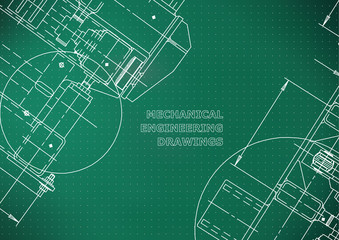Blueprints. Mechanics. Cover. Mechanical Engineering drawing. Engineering design, construction. Light green. Points