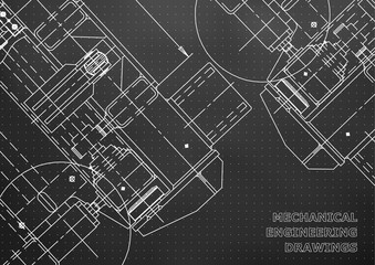 Mechanical Engineering drawing. Blueprints. Mechanics. Cover, background for your design. Black. Points