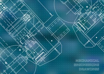 Mechanical Engineering drawing. Blueprints. Mechanics. Cover, background for your design. Blue. Points
