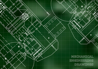 Mechanical Engineering drawing. Blueprints. Mechanics. Cover, background for your design. Green. Grid