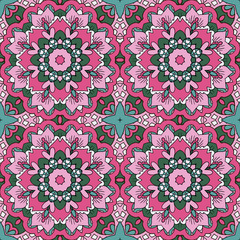 Oriental ornament relaxing. Doodle drawing. Seamless pattern. Mandala. Pink and blue