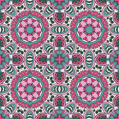 Oriental ornament relaxing. Doodle Seamless pattern. Mandala. Pink and blue
