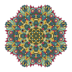 Oriental pattern. Traditional round ornament. Mandala. Doodle drawing. Blue, yellow and pink