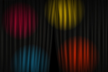 Opening stage curtains with color projectors. Vector illustration. Standup show template