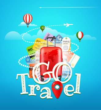 Go travel concept. Travel bag and different touristic elements
