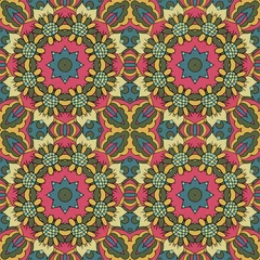 Papier peint Tuiles marocaines Motif oriental. Ornement sans couture traditionnel. Mandala. Fleurs. Dessin de griffonnage. Ton bleu, jaune et rose