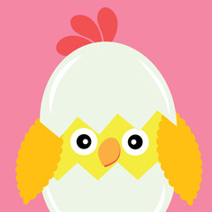 Vector cartoon of cute chick in egg on pink background for Easter postcard, wallpaper, and greeting card