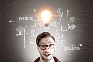 Surprised man, bulb and business idea