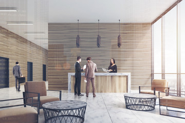 Wooden reception, marble floor, front, people