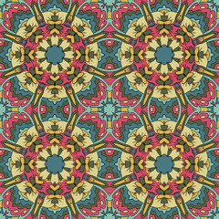 Traditional seamless ornament. Oriental pattern. Mandala. Doodle drawing. Blue, yellow and pink colors