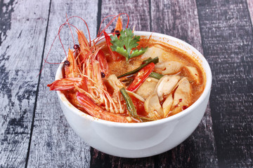 Tom Yum fresh prawn with milk and sliced coconut.