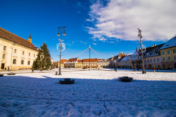 Main square in winter Sibiu, Romania. Sibiu transilvania medieval city architecture like a point of destination of touristic route.