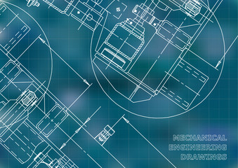 Mechanical Engineering drawing. Blueprints. Blue. Grid
