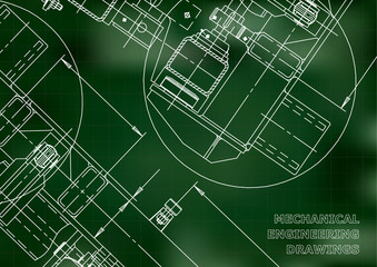 Mechanical Engineering drawing. Blueprints. Green. Grid