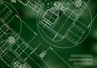 Mechanical Engineering drawing. Blueprints. Green