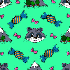 Kids, Cartoon seamless pattern. Skarpbuking. Textiles, mint cartoon background. Mountains, trees, bows, candy, raccoon