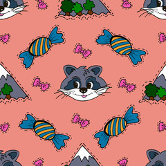 Kids, Cartoon seamless pattern. Skarpbuking. Textiles, pastel pink cartoon background. Mountains, trees, bows, candy, raccoon