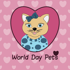 World Day Pets. A cat with a blue bow. Print for clothing, postcards. Love in pets