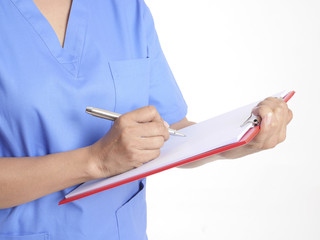 Copy space on chart,Nurse holds the chart for taking patient treatment on white background.