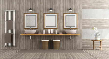 Fototapeta na wymiar Minimalist wooden and concrete bathroom