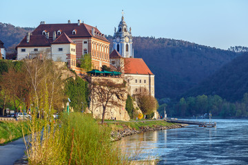Fototapeta na wymiar View of the medieval monastery Duernstein on the river Danube in the Wachau valley. Lower Austria