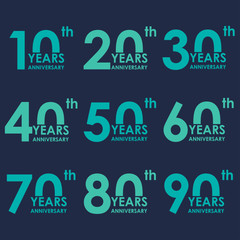 Anniversary icon set. Anniversary flat emblems. 10,20,30,40,50,60,70,80,90 years. Template for cards and congratulation design. Vector illustration.