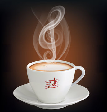 Cup of cappuccino with a steam in the form of a treble clef. Vector illustration
