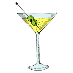 Martini with olive in glass hand drawn ink sketch, isolated, in color. Alcoholic cocktails sketch elements illustration.
