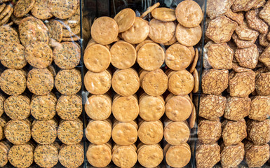 Senbei rice crackers at shop, Tokyo, Japan.