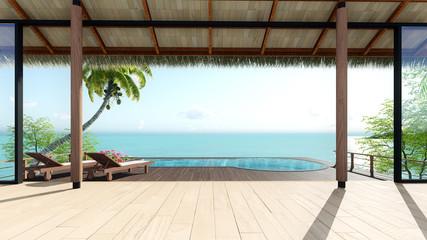 Fototapeta na wymiar tropical bungalow sea view beach on holiday at pool