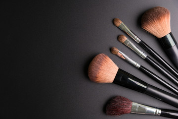Set of flat top view of various professional female cosmetics brushes for makeup isolated on black background, Cosmetics concept, Makeup concept, Copy space image for your text, Flat lay. - 143658419