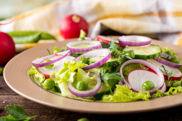 Fresh vegetable salad on wooden table.