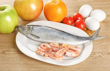 Allergy food concept. Allergic food on wooden background