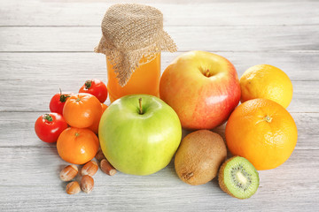 Allergy food concept. Allergic food on wooden background