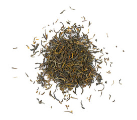 Heap of dry tea leaves on white background