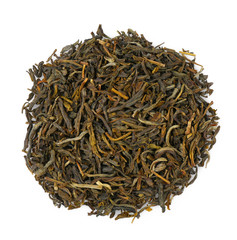 Heap of dry tea leaves on white background