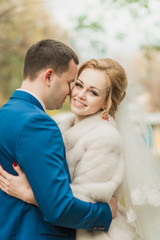 Fototapeta premium beautiful young groom and bride walk in the woods and near the lake.