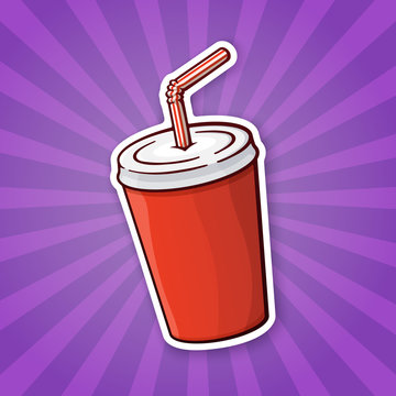Vector illustration. Disposable red glass of paper with soda and straw. Unhealthy food. Sticker in cartoon style with contour. For greeting cards, patches, prints for clothes, badges, posters, emblems
