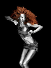 Fototapeta na wymiar Beautiful young woman with amazing body-art as lion on dark background. Zodiac signs concept