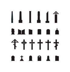a set of gravestones. black fill. crosses, monuments, statues