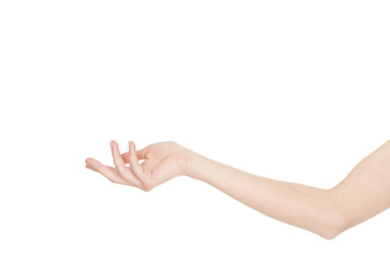 Soft and silky. Cropped studio shot of a hand of a woman holding a copyspace on white background.
