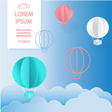 Paper art of balloons,  paper art idea, vector art and illustration. Balloons with clouds and banner for your text. Concept of freedom and sommer day, origami made hot air balloon flying on blue sky.