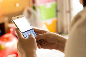 Girl transfer information on mobile device.