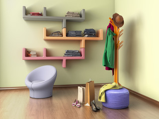 room with shelves, .armchair, coat and shoes, 3d illustration