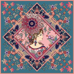 Portrait of beautiful young lady in hat. Unique vector illustration. Bandana print, template for pillowcase, carpet, greeting card.