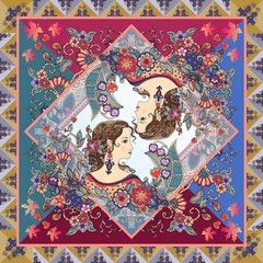 Unique scarf with two portraits of young women, beautiful flowers and ornamental frame.