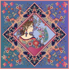 Vintage bandana print with woman profile in victorian style.