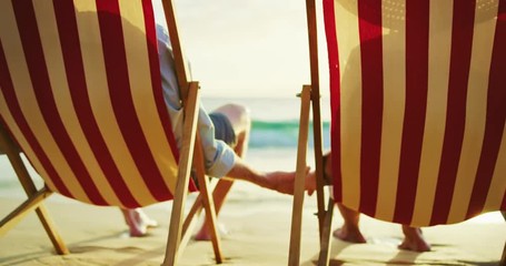 Happy retired couple enjoying beautiful sunset at the beach