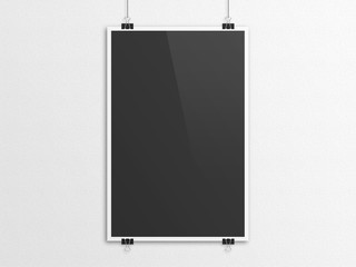 Black 3D illustration poster mockup with paper clip hanging.