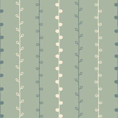 Seamless nature sketch pattern. Beige and green twig background. Hand drawn texture seasonal pastel illustration